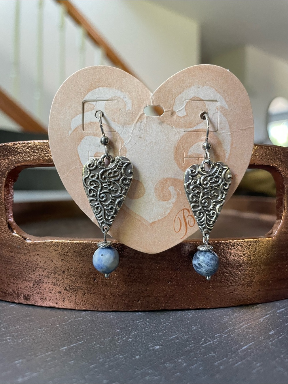 Brighton Gypsy Lace JE8882 Filigree Drop Earrings Blue Bead Retired